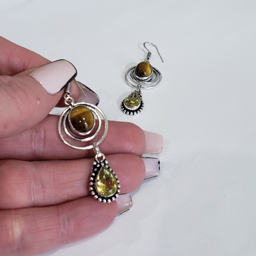 Tiger eye earrings, 925 silver tiger eye citrine dangle earrings - Picture 7 of 12
